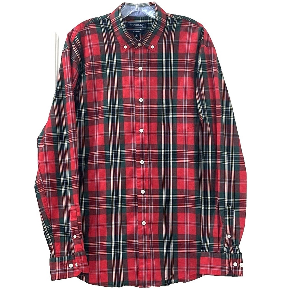 Crown & Ivy Men's Shirt L Red Green Plaid Button Down Stretch Long Sleeve Cotton